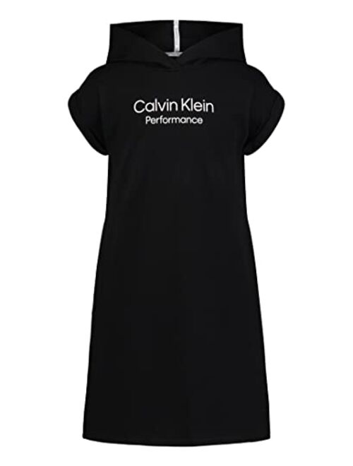 Calvin Klein Girls' One Size Performance Logo Sweatshirt Dress, Fleece Hoodie with Long Or Short Sleeves