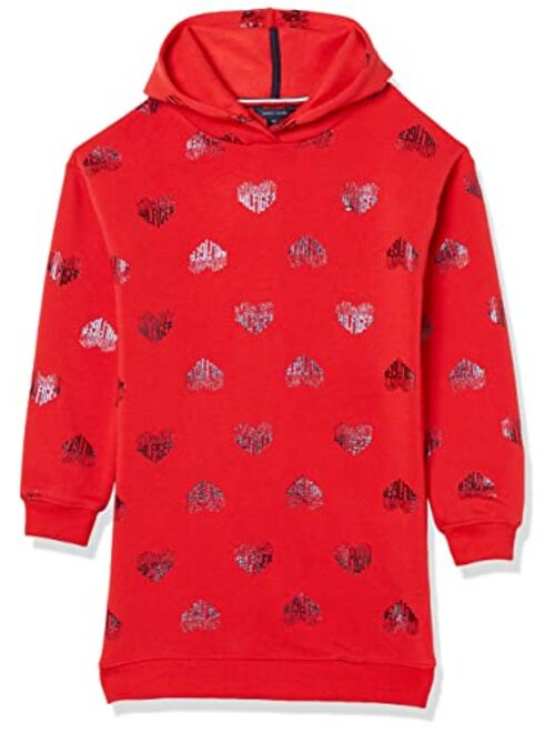 Tommy Hilfiger Girls' Hooded Sweatshirt Dress, Long Sleeve Fleece Hoodie with Fun Prints & Designs