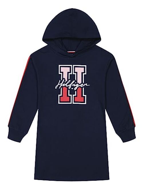 Tommy Hilfiger Girls' Hooded Sweatshirt Dress, Long Sleeve Fleece Hoodie with Fun Prints & Designs