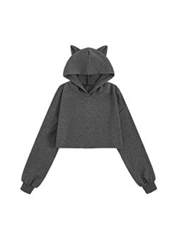 Girl's Cute Cat Ear Crop Tops Long Sleeve Causal Plain Hoodie Sweatshirt Shirt