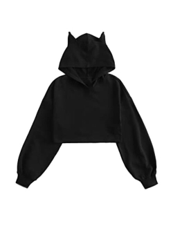 Girl's Cute Cat Ear Crop Tops Long Sleeve Causal Plain Hoodie Sweatshirt Shirt