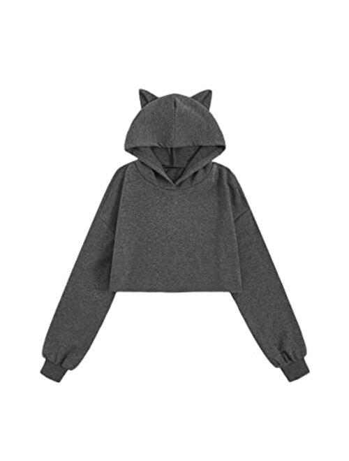 WDIRARA Girl's Cute Cat Ear Crop Tops Long Sleeve Causal Plain Hoodie Sweatshirt Shirt