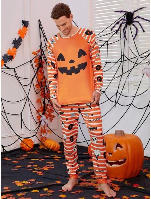 Shein Men Family Matching Halloween Print Raglan Sleeve Tee & Pants PJ Set