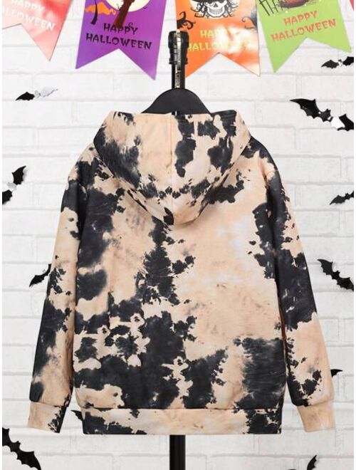 SHEIN Kids HYPEME Tween Boys' Casual Halloween Theme Printed Hooded Sweater With Pin Synthetic