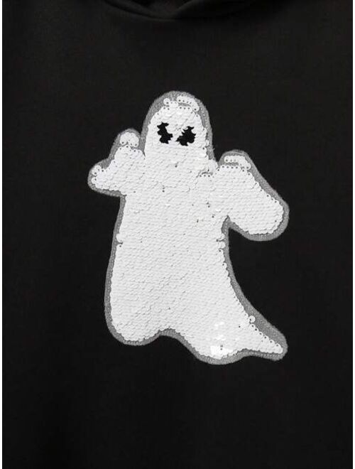 SHEIN Kids QTFun Tween Boy Sequin Ghost Patched Drop Shoulder Hoodie