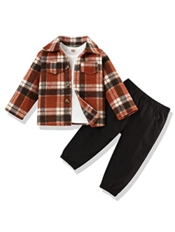 bilison 3Pcs Toddler Baby Boy Outfits Plaid Flannel Shirt+T Shirts+Pants 6M-5T