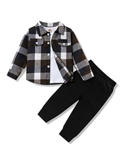 bilison 3Pcs Toddler Baby Boy Outfits Plaid Flannel Shirt+T Shirts+Pants 6M-5T