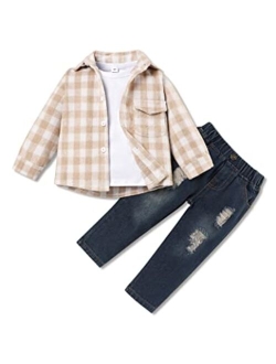 bilison 3Pcs Toddler Baby Boy Outfits Plaid Flannel Shirt+T Shirts+Pants 6M-5T