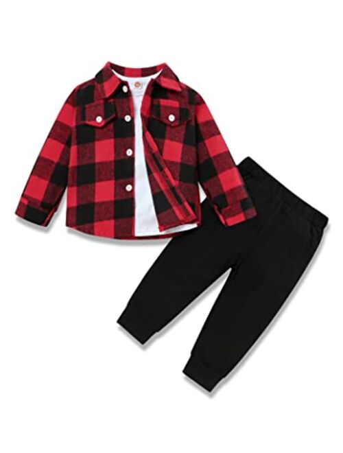 bilison 3Pcs Toddler Baby Boy Outfits Plaid Flannel Shirt+T Shirts+Pants 6M-5T