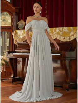 Off Shoulder Ruched Bust Floor Length Formal Dress