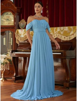 Off Shoulder Ruched Bust Floor Length Formal Dress