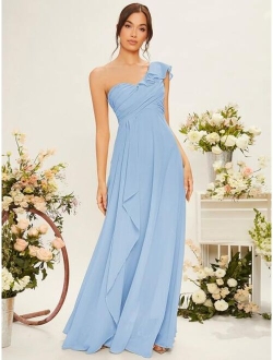 Belle One Shoulder Ruffle Trim Bridesmaid Dress