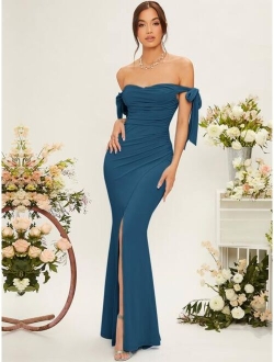 Belle Off Shoulder Knot Side Ruched Wrap Hem Bridesmaid Dress