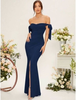 Belle Off Shoulder Knot Side Ruched Wrap Hem Bridesmaid Dress