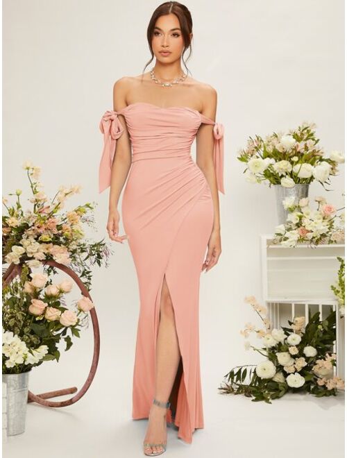 SHEIN Belle Off Shoulder Knot Side Ruched Wrap Hem Bridesmaid Dress