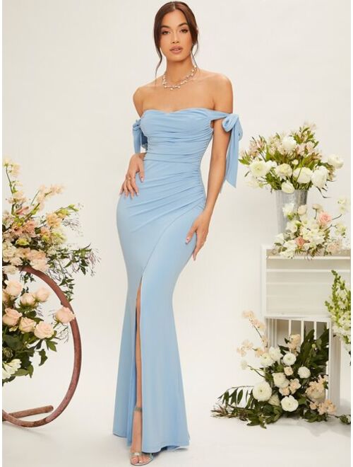 SHEIN Belle Off Shoulder Knot Side Ruched Wrap Hem Bridesmaid Dress