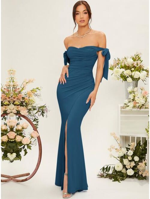 SHEIN Belle Off Shoulder Knot Side Ruched Wrap Hem Bridesmaid Dress