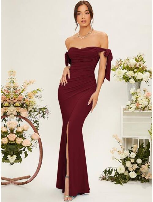 SHEIN Belle Off Shoulder Knot Side Ruched Wrap Hem Bridesmaid Dress