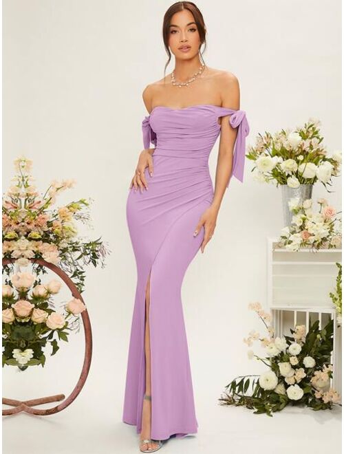 SHEIN Belle Off Shoulder Knot Side Ruched Wrap Hem Bridesmaid Dress