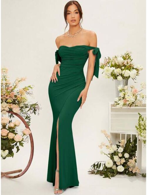 SHEIN Belle Off Shoulder Knot Side Ruched Wrap Hem Bridesmaid Dress