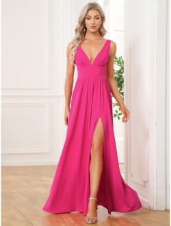 EVER PRETTY Double V Neck Ruched Split Thigh Chiffon Formal Dress