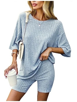 Pajamas 2 Piece Lounge Sets Ribbed Knit Matching Outfits T-shirt Biker Shorts Sleepwear Loungewear Sweatsuits