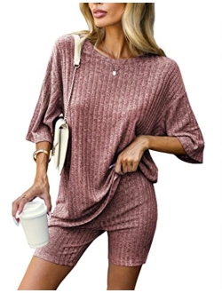 Pajamas 2 Piece Lounge Sets Ribbed Knit Matching Outfits T-shirt Biker Shorts Sleepwear Loungewear Sweatsuits