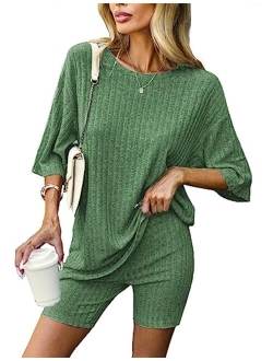 Pajamas 2 Piece Lounge Sets Ribbed Knit Matching Outfits T-shirt Biker Shorts Sleepwear Loungewear Sweatsuits