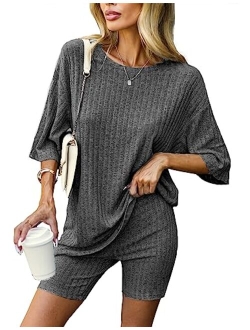 Pajamas 2 Piece Lounge Sets Ribbed Knit Matching Outfits T-shirt Biker Shorts Sleepwear Loungewear Sweatsuits