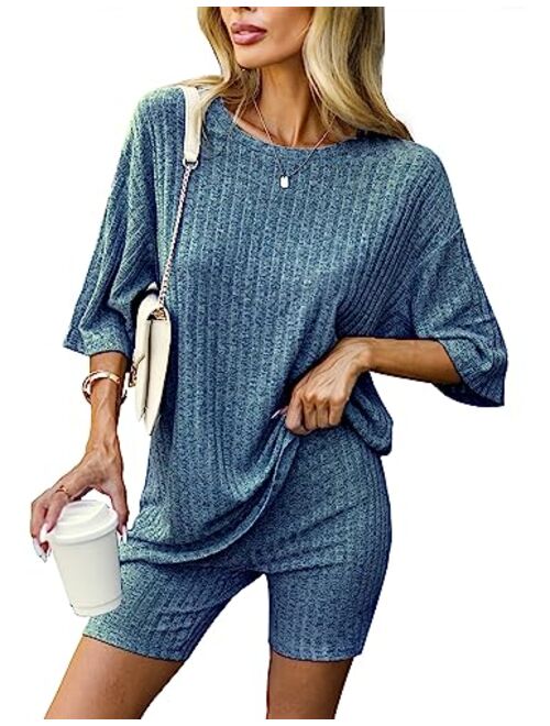 Ekouaer Pajamas 2 Piece Lounge Sets Ribbed Knit Matching Outfits T-shirt Biker Shorts Sleepwear Loungewear Sweatsuits