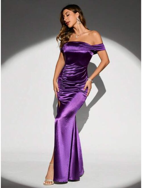 SHEIN Belle Ruched Off Shoulder Slit Thigh Satin Prom Bridesmaid Dress