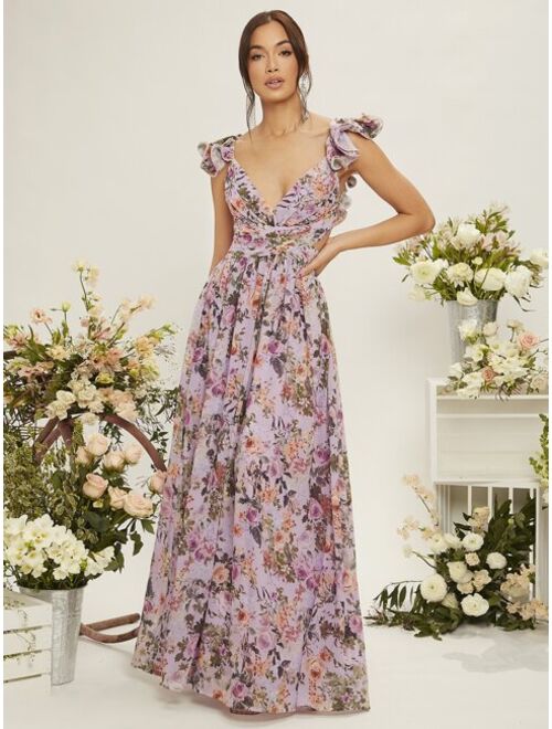 SHEIN Belle Floral Print Sweetheart Neck Lace Up Backless Ruffle Trim Dress