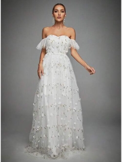 Off Shoulder Appliques Mesh Wedding Dress