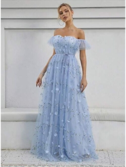 Off Shoulder Appliques Mesh Wedding Dress