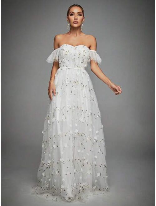 Off Shoulder Appliques Mesh Wedding Dress