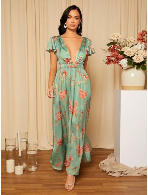 SHEIN Belle Floral Print Butterfly Sleeve Tie Back Satin Bridesmaid Dress