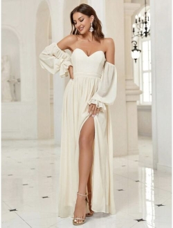 Belle Transparent Shoulder Strap Flounce Sleeve Split Thigh Prom Bridesmaid Dress