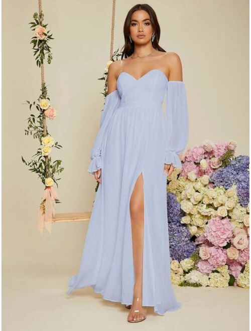 SHEIN Belle Transparent Shoulder Strap Flounce Sleeve Split Thigh Prom Bridesmaid Dress