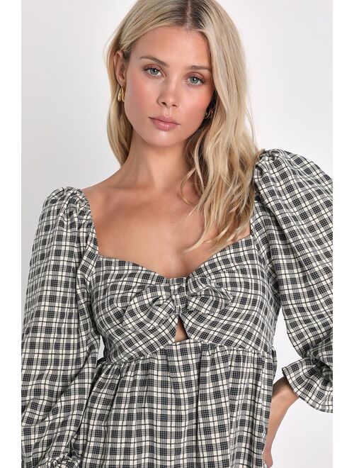 Lulus Charismatic Crush Grey Plaid Tie-Front Balloon Sleeve Mini Dress