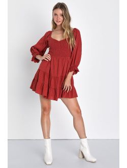 Charming Afternoon Rust Red Gingham Balloon Sleeve Mini Dress