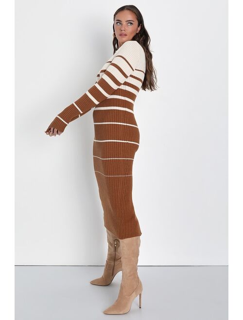 Lulus Seasonal Status Ivory and Brown Striped Midi Sweater Dress