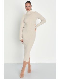 Excellent Essence Beige Ribbed Cutout Midi Sweater Dress