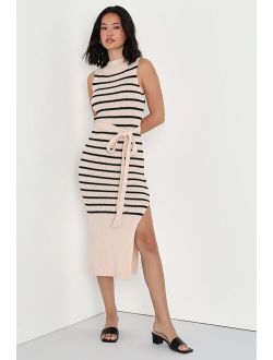 Cozy Charisma Beige and Black Striped Sweater Knit Midi Dress