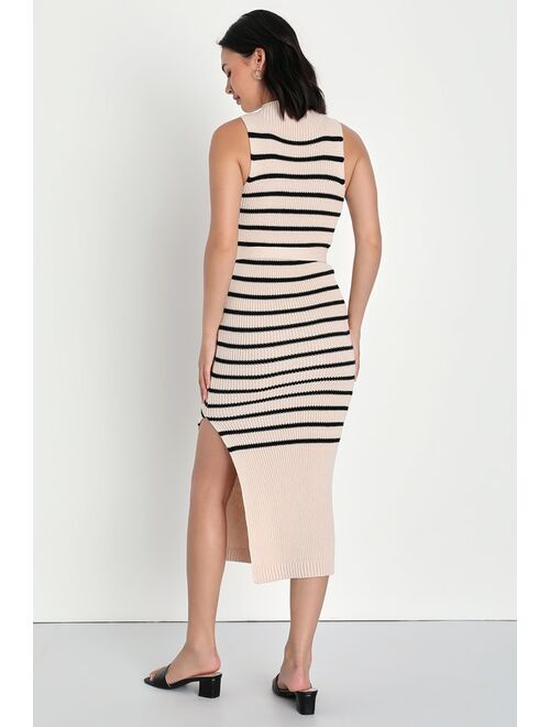 Lulus Cozy Charisma Beige and Black Striped Sweater Knit Midi Dress