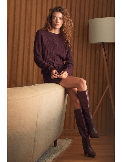 Lulus Wishing on Winter Burgundy Cable Knit Mini Sweater Dress