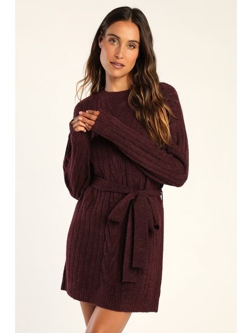 Lulus Wishing on Winter Burgundy Cable Knit Mini Sweater Dress