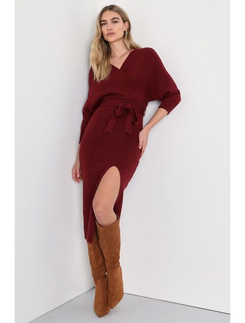 Lulus Fall into Fashion Burgundy Dolman Sleeve Sweater Midi Dress