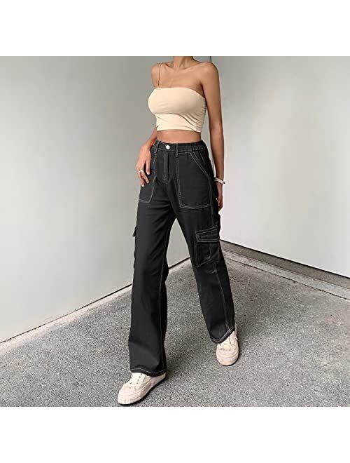 OERPPTA Cargo Pants Women, High Waist Cargo Pants Women Baggy, Multiple Pockets Straight Wide Leg Y2K Pants