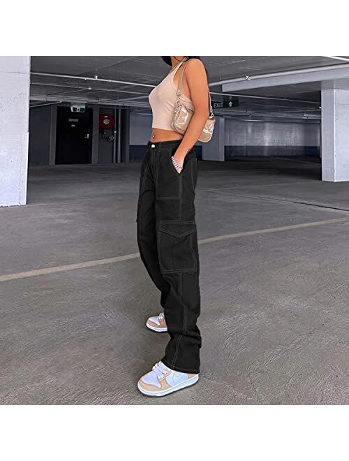 OERPPTA Cargo Pants Women, High Waist Cargo Pants Women Baggy, Multiple Pockets Straight Wide Leg Y2K Pants