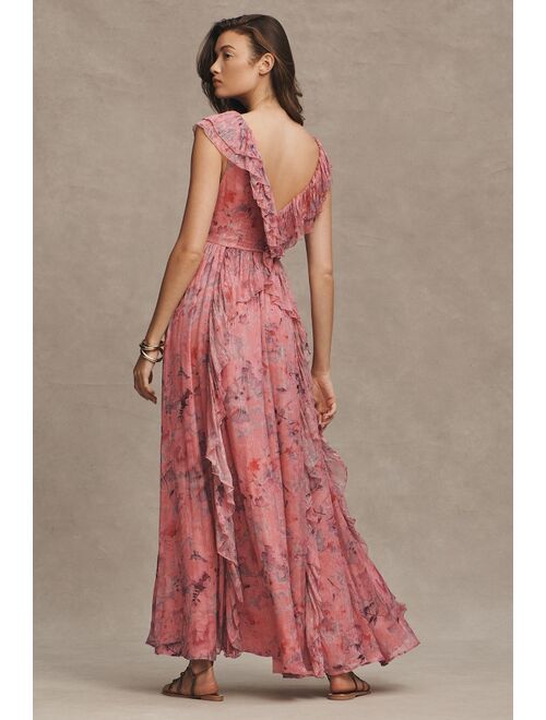 BHLDN Lyla Printed V-Neck Ruffle Gown